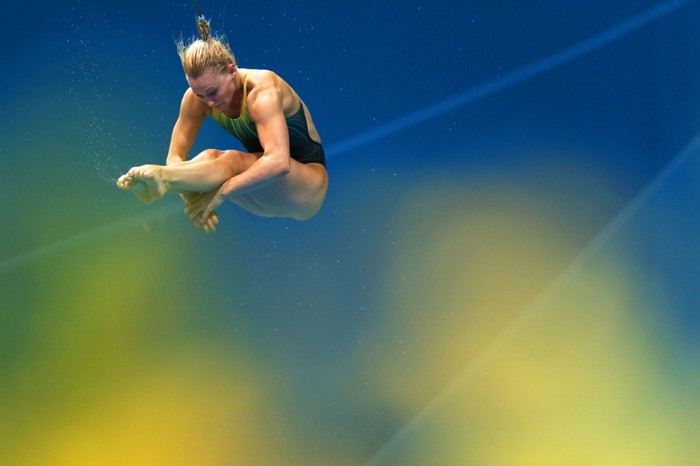 VĐV Jaele Patrick của Úc thực hiện bài thi của mình ở Trung tâm thể thao dưới nước tại Olympic London 2012.